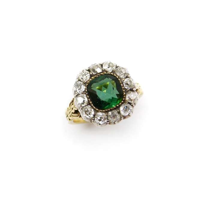 19th century green tourmaline and diamond cluster ring
